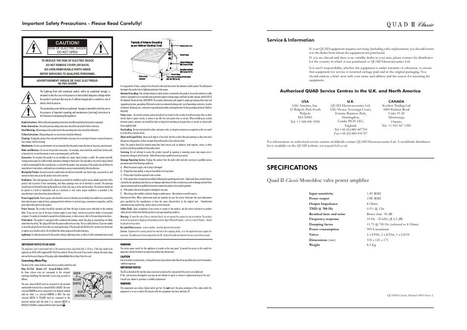 Specifications, Quad ii classic monobloc valve power amplifier | QUAD Monobloc Valve Power Amplifier II Classic User Manual | Page 2 / 4