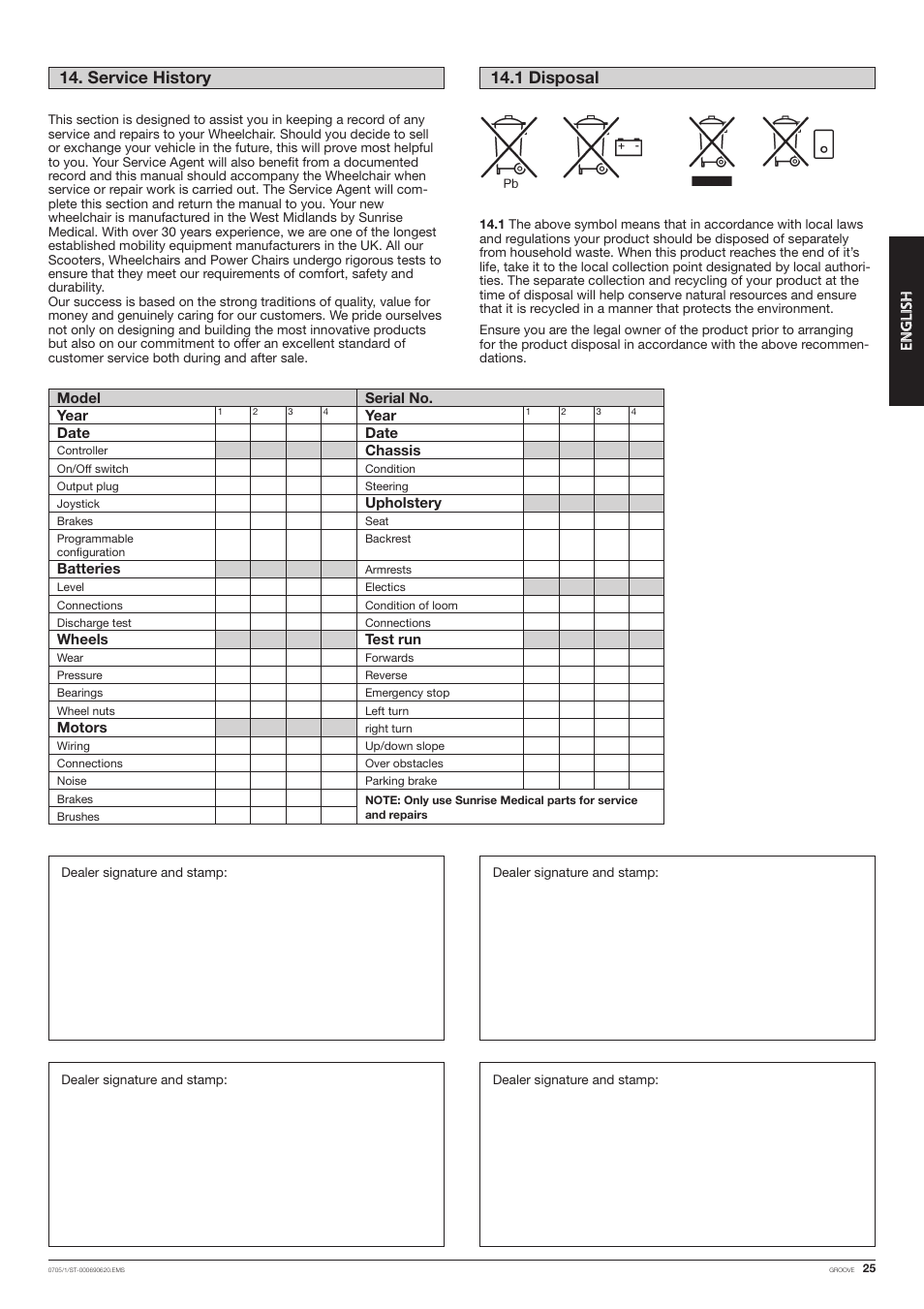 Service history 14.1 disposal, Ee nn gg ll iiss hh | Quickie Mfg. Wheelchair User Manual | Page 25 / 28