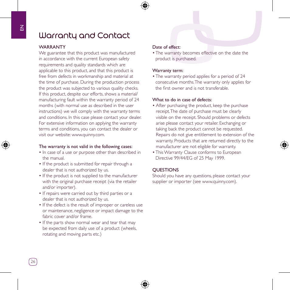 Warranty and contact | Quinny Zapp User Manual | Page 26 / 62