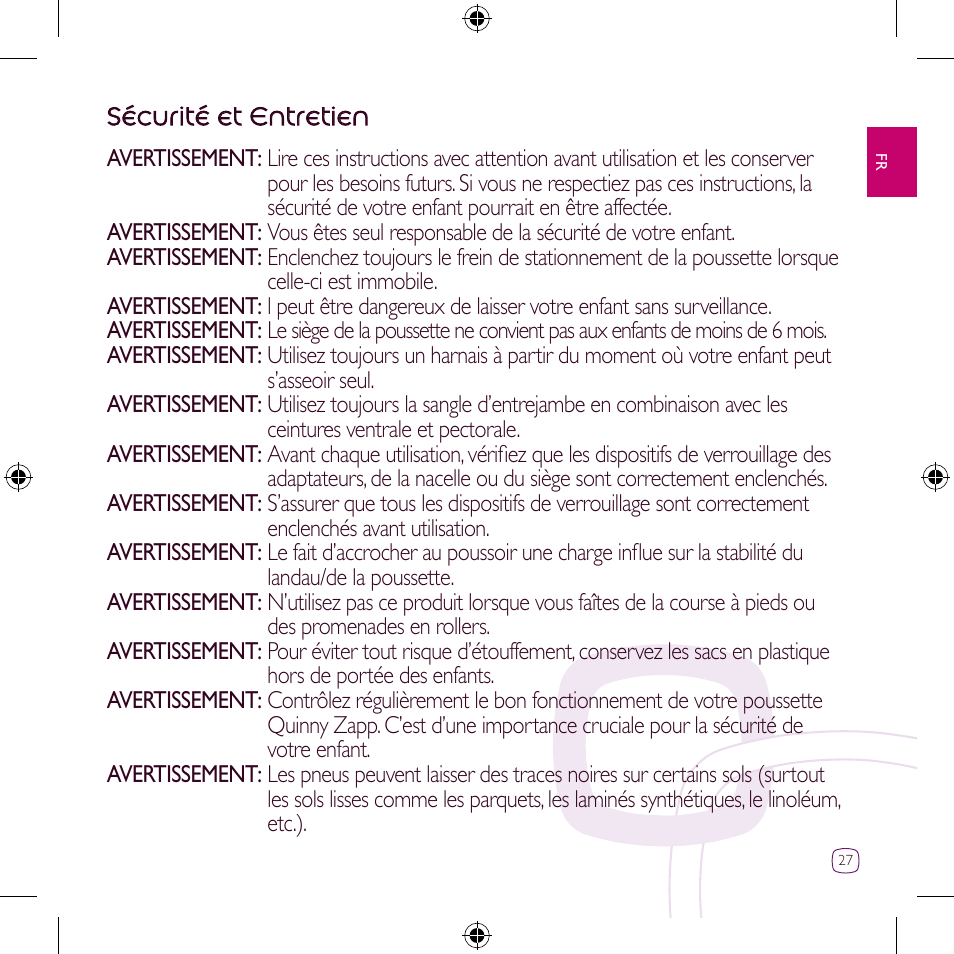 Sécurité et entretien | Quinny Zapp User Manual | Page 27 / 62