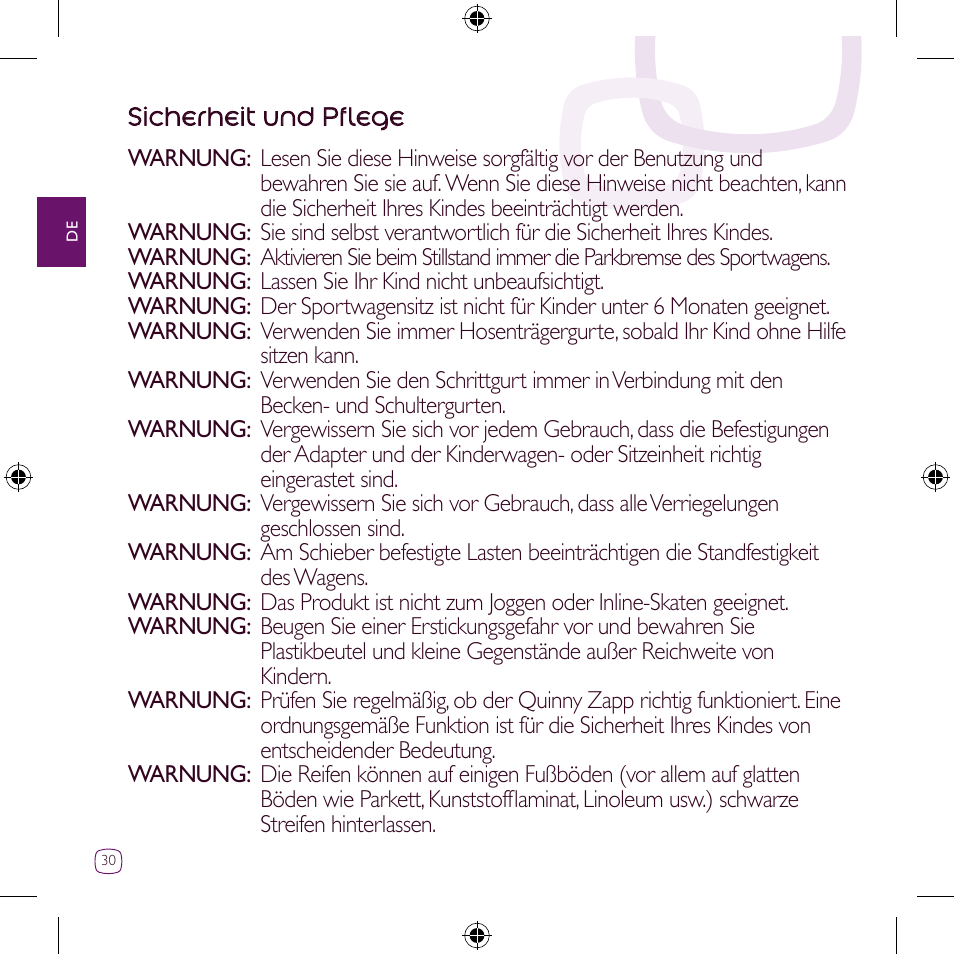 Sicherheit und pflege | Quinny Zapp User Manual | Page 30 / 62