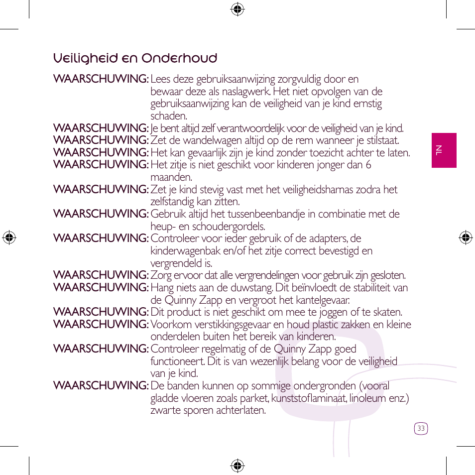 Veiligheid en onderhoud | Quinny Zapp User Manual | Page 33 / 62