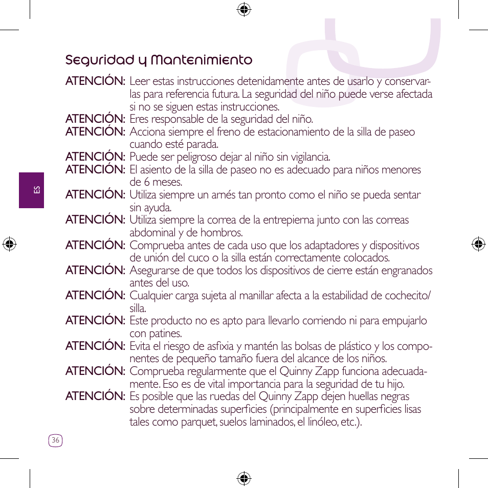 Seguridad y mantenimiento | Quinny Zapp User Manual | Page 36 / 62