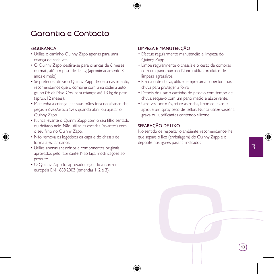 Garantia e contacto | Quinny Zapp User Manual | Page 43 / 62