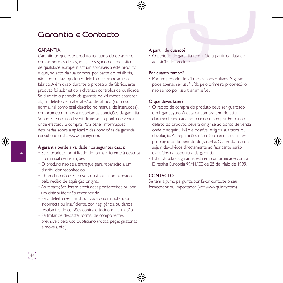 Garantia e contacto | Quinny Zapp User Manual | Page 44 / 62