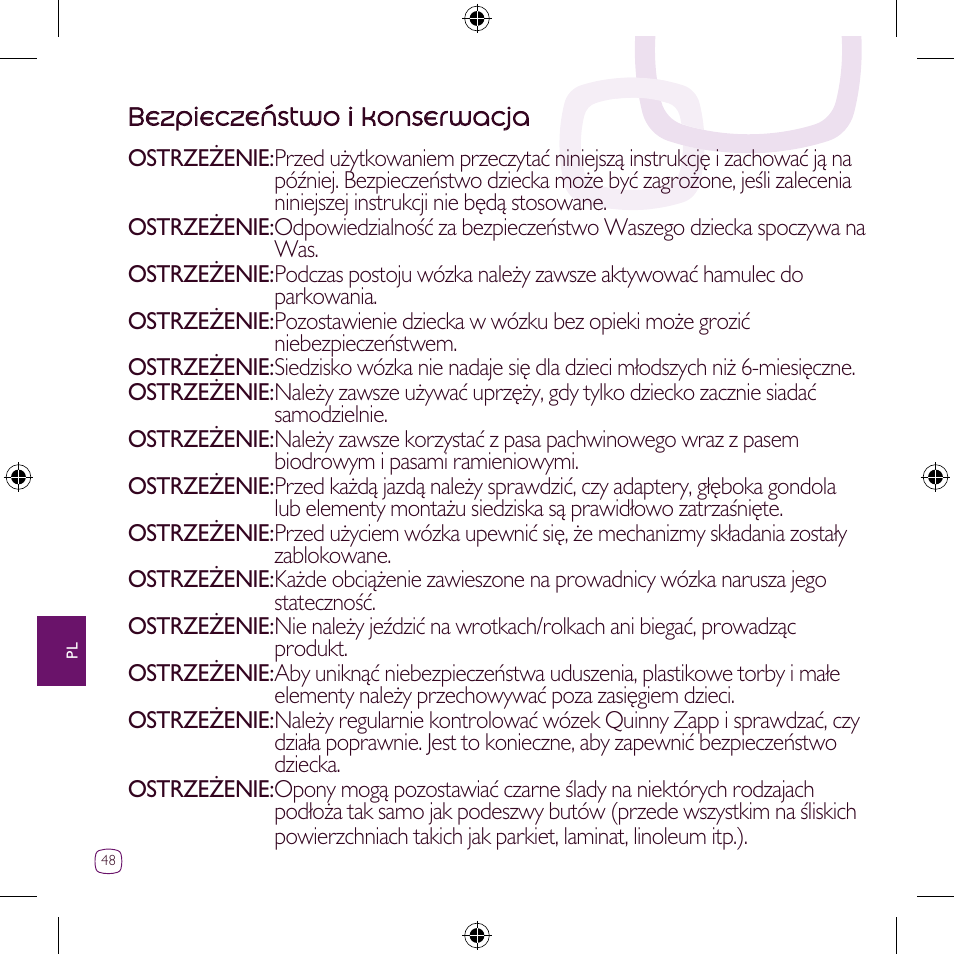 Bezpieczenstwo i konserwacja | Quinny Zapp User Manual | Page 48 / 62