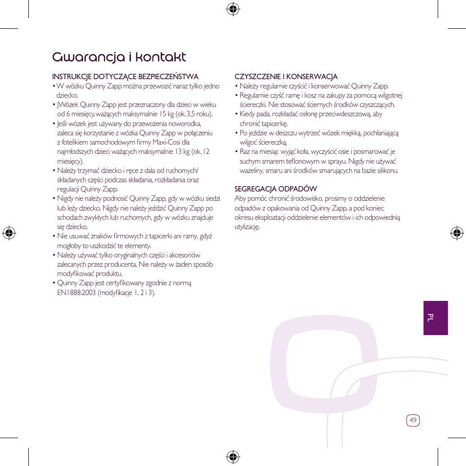 Gwarancja i kontakt | Quinny Zapp User Manual | Page 49 / 62