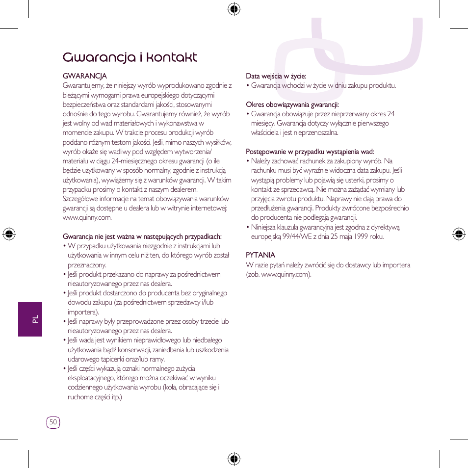 Gwarancja i kontakt | Quinny Zapp User Manual | Page 50 / 62