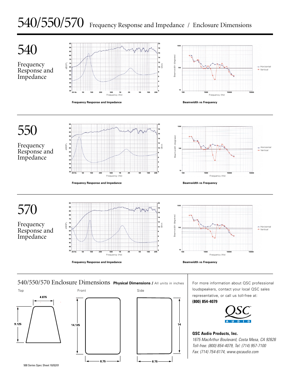 Frequency response and impedance, Physical dimensions | QSC Audio ACE 540 User Manual | Page 2 / 2