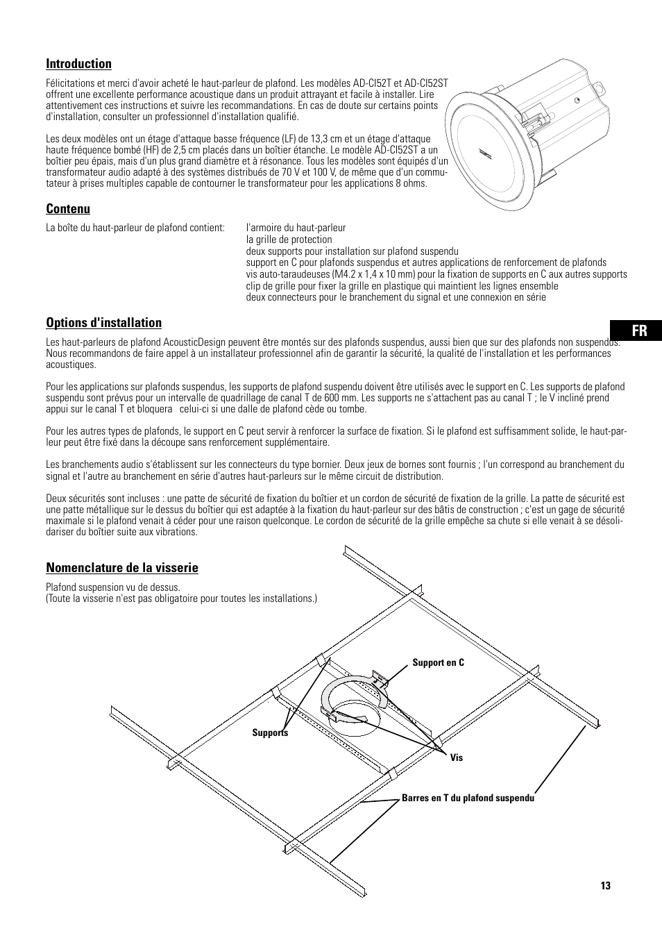 Introduction, Contenu, Options d'installation | Nomenclature de la visserie | QSC Audio D-CI52T User Manual | Page 13 / 24