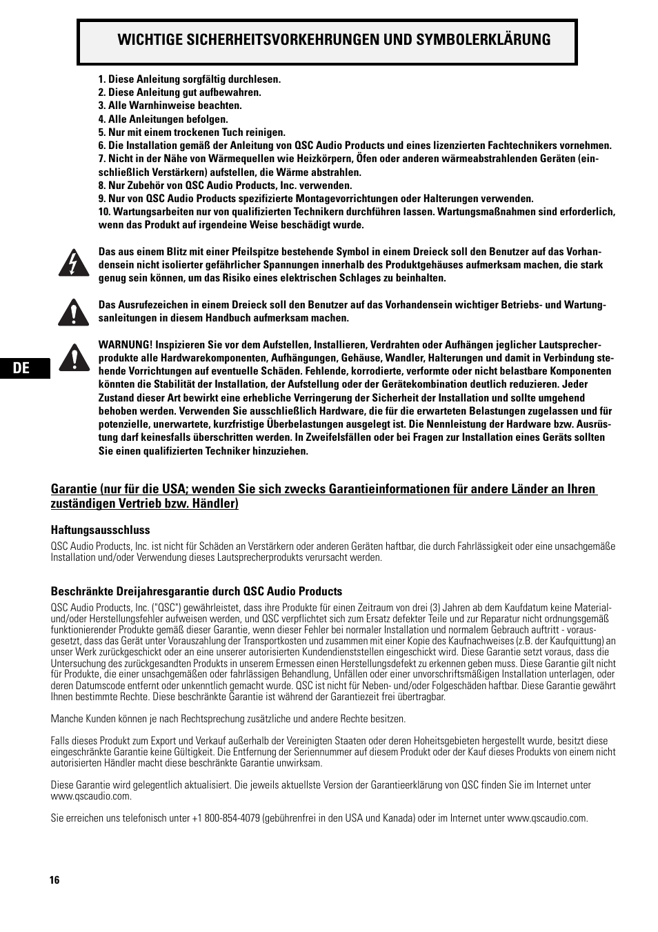 Garantie | QSC Audio D-CI52T User Manual | Page 16 / 24