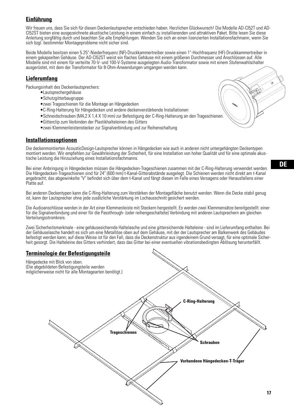 German, Einführung, Lieferumfang | Installationsoptionen, Terminologie der befestigungsteile | QSC Audio D-CI52T User Manual | Page 17 / 24