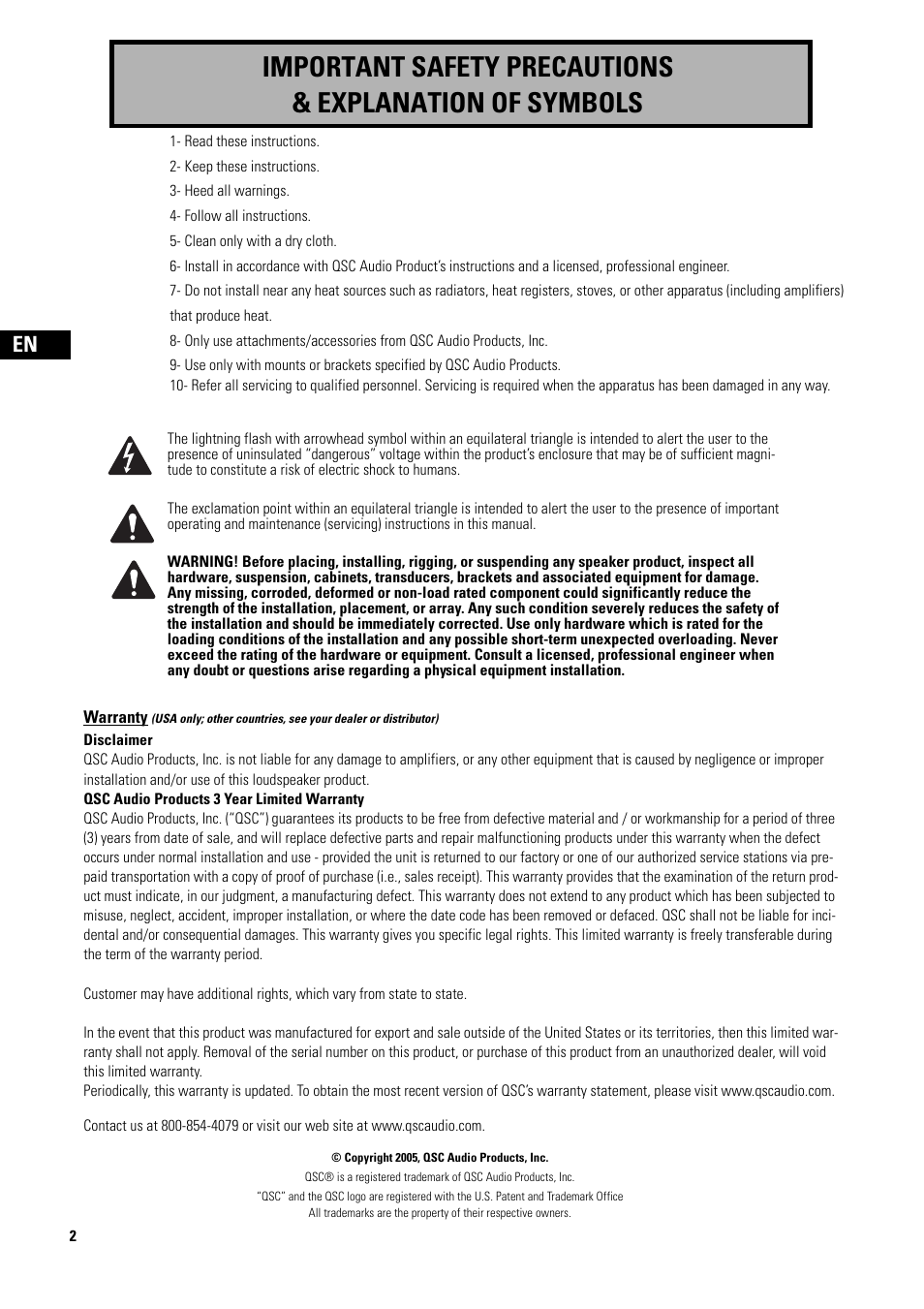 English, Safety information, Warranty | QSC Audio D-CI52T User Manual | Page 2 / 24
