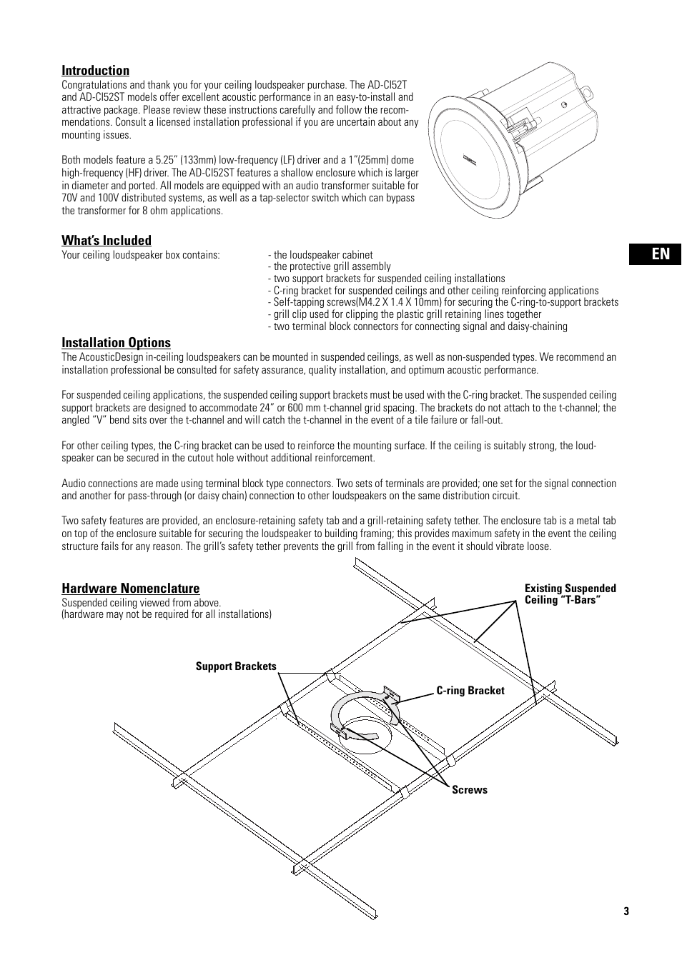 Introduction, What’s included, Installation options | Hardware nomenclature | QSC Audio D-CI52T User Manual | Page 3 / 24