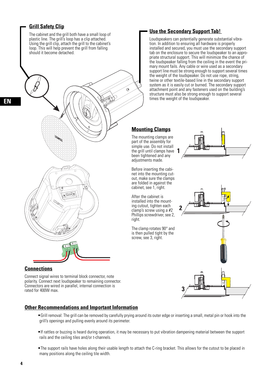 Mounting clamps, Secondary support tab, Grill safety clip | Recommendations and important information, Connections, Use the secondary support tab, Other recommendations and important information | QSC Audio D-CI52T User Manual | Page 4 / 24
