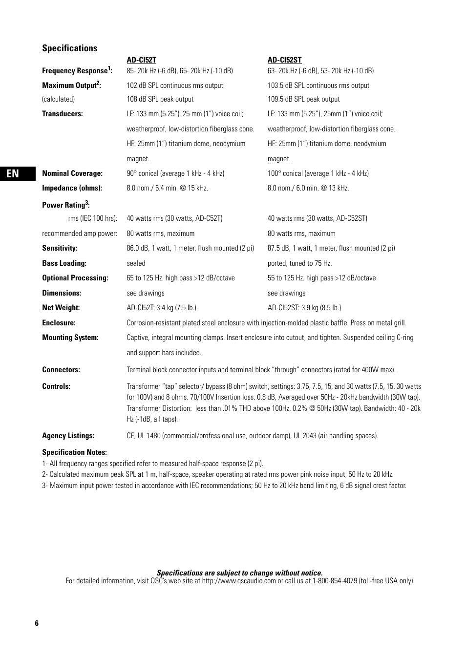 Specifications, Especificaciones, Abmessungen | QSC Audio D-CI52T User Manual | Page 6 / 24