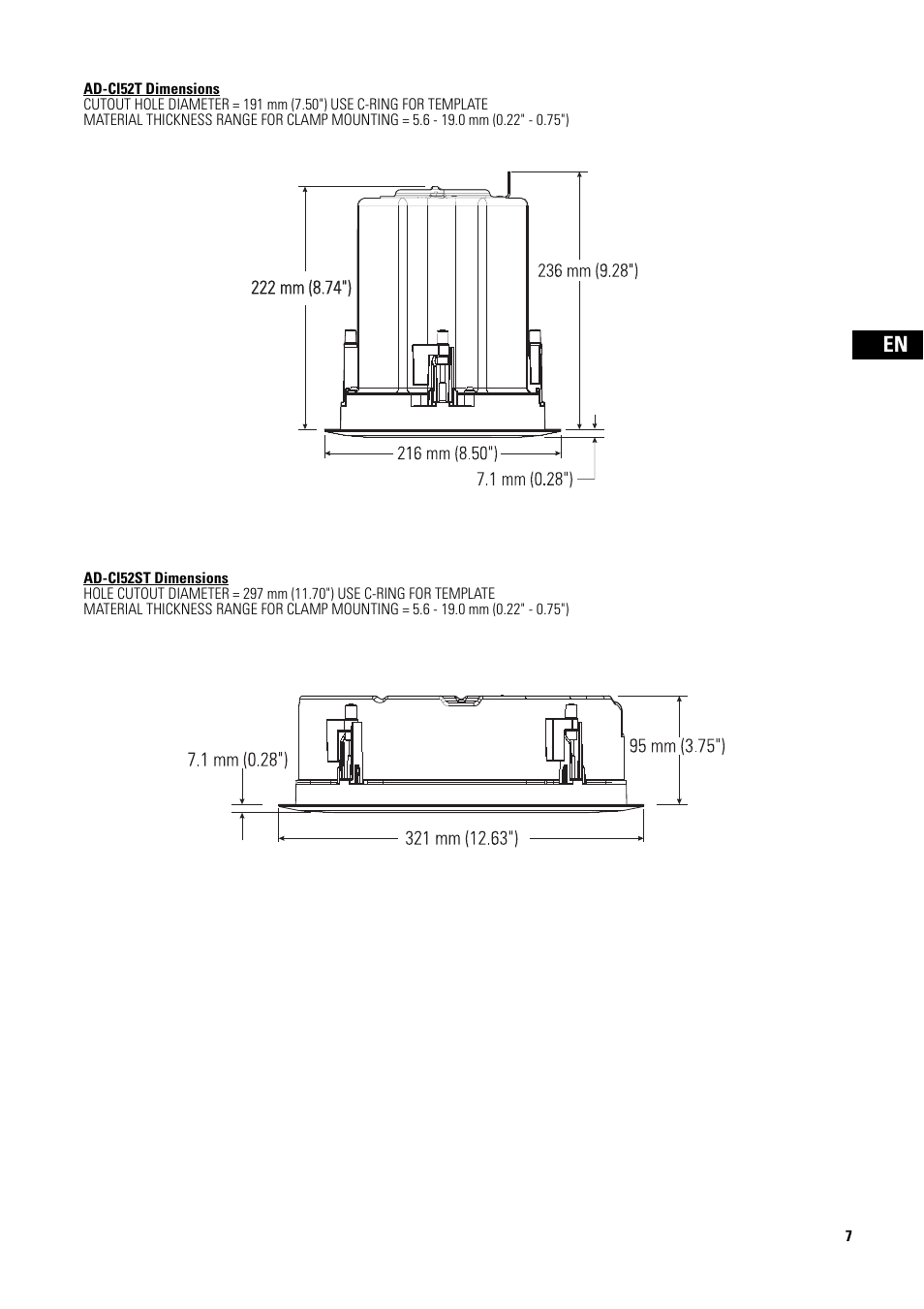 Dimensions, Dimensiones | QSC Audio D-CI52T User Manual | Page 7 / 24
