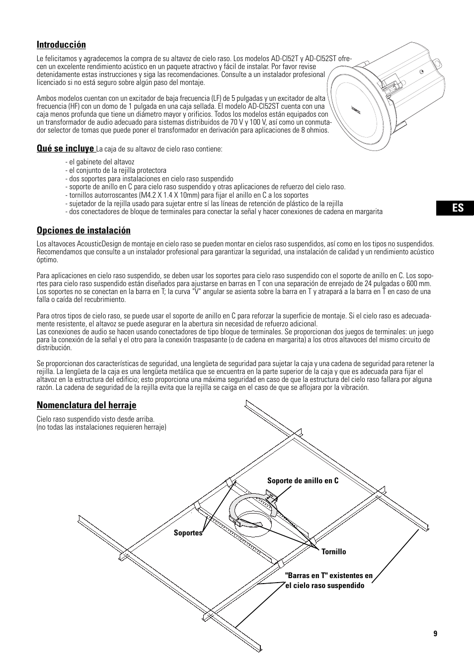 Introducción, Qué se incluye, Opciones de instalación | Nomenclatura del herraje | QSC Audio D-CI52T User Manual | Page 9 / 24