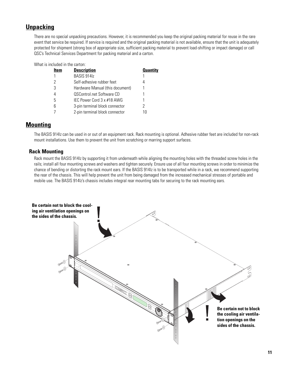 Unpacking, Mounting, Rack mounting | QSC Audio BASIS 914LZ User Manual | Page 11 / 28