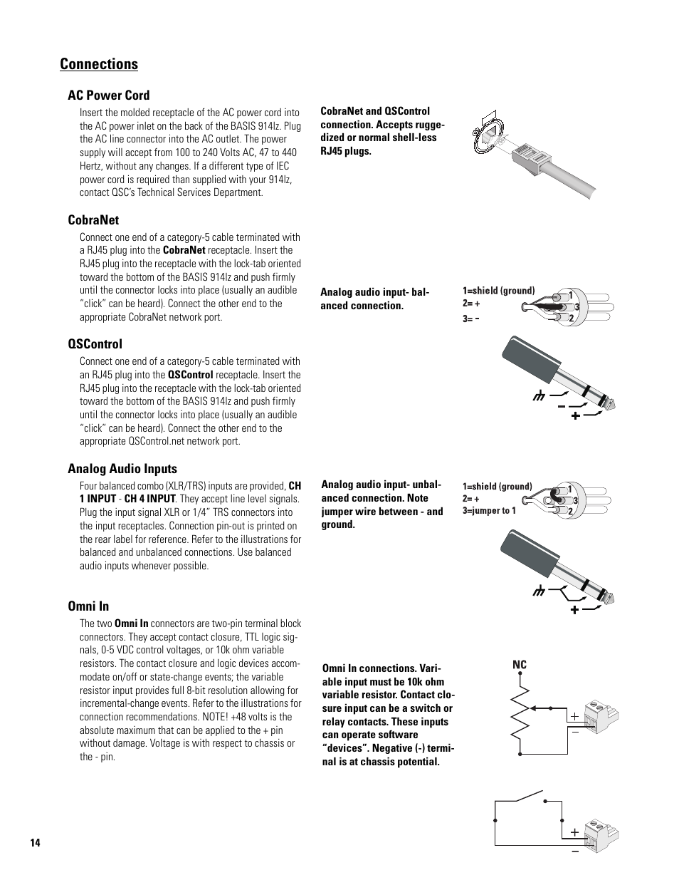 Connections, Ac power cord, Cobranet | Qscontrol, Analog audio inputs, Omni in | QSC Audio BASIS 914LZ User Manual | Page 14 / 28