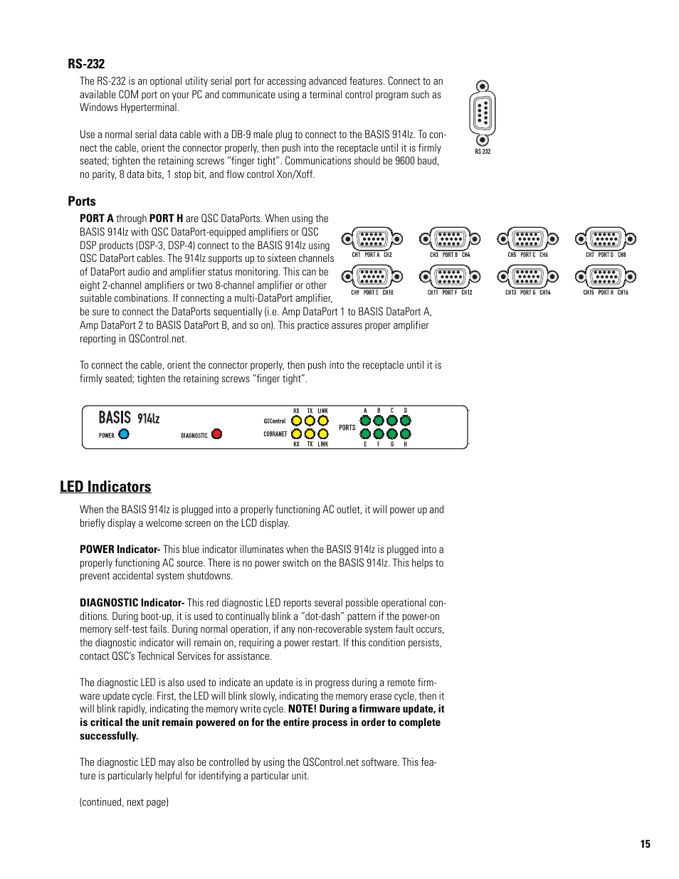 Rs-232, Ports, Led indicators | QSC Audio BASIS 914LZ User Manual | Page 15 / 28