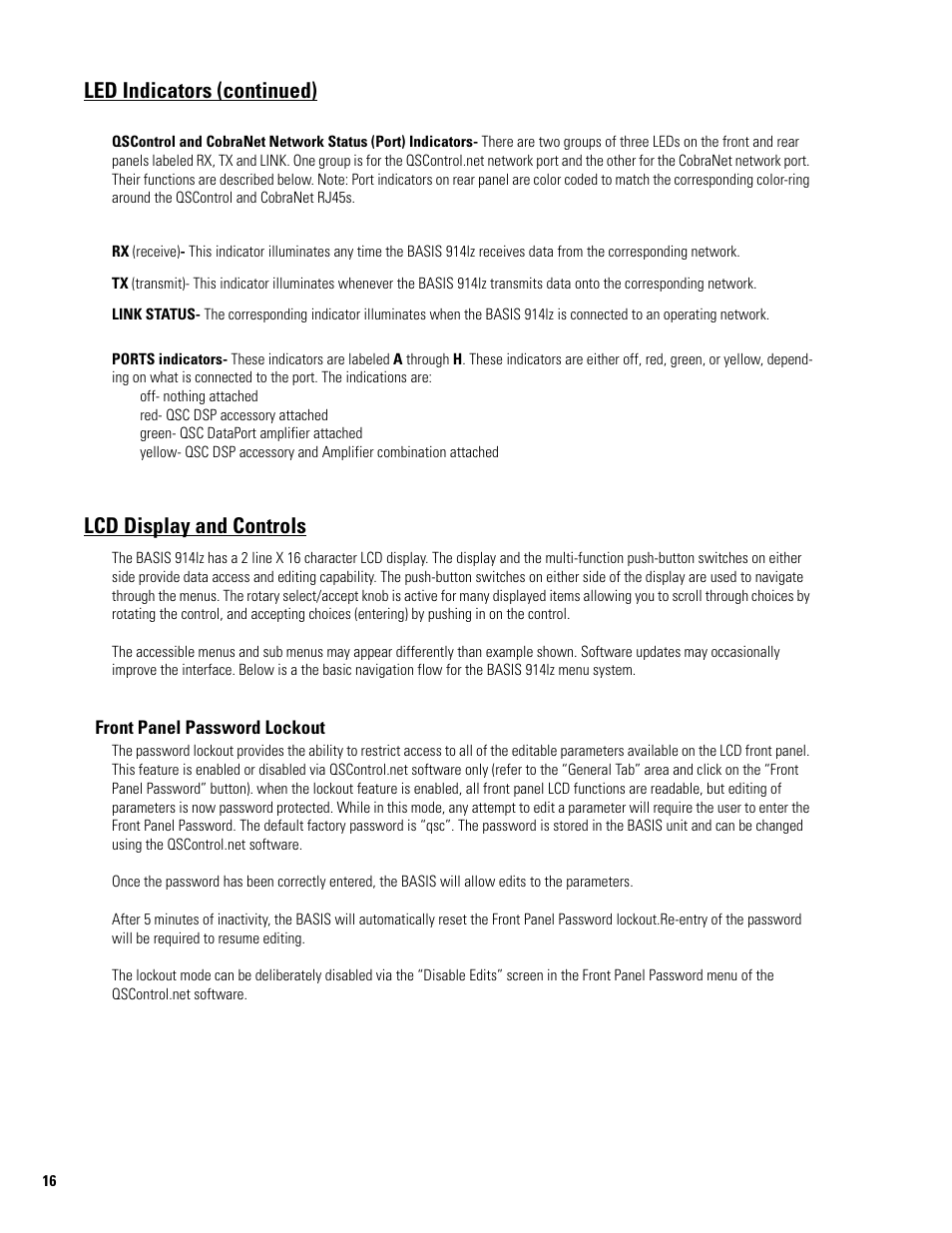Led indicators (continued), Lcd display and controls, Front panel password lockout | QSC Audio BASIS 914LZ User Manual | Page 16 / 28