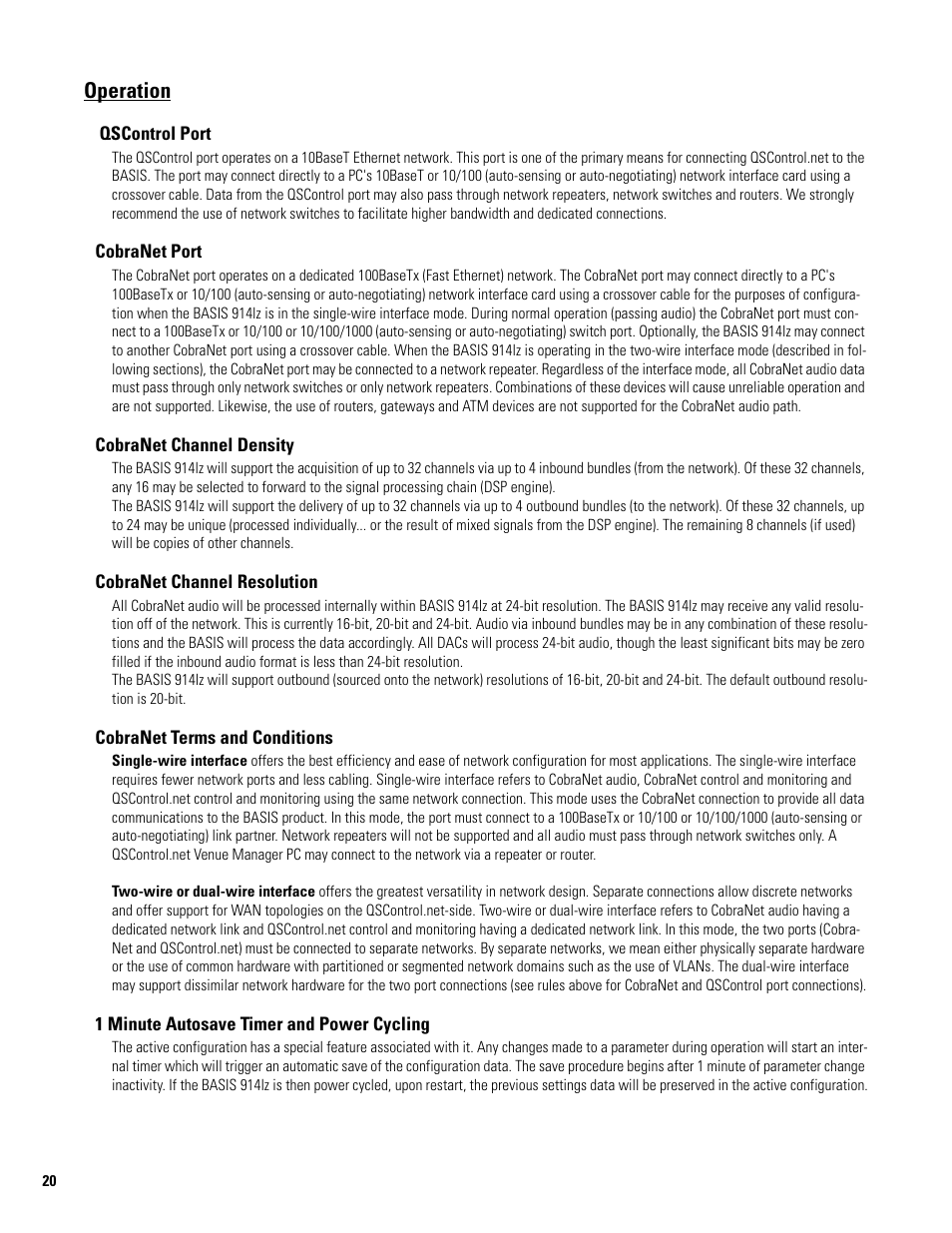 Operation, Qscontrol port, Cobranet port | Cobranet channel density, Cobranet channel resolution, Cobranet terms and conditions, 1 minute autosave timer and power cycling | QSC Audio BASIS 914LZ User Manual | Page 20 / 28