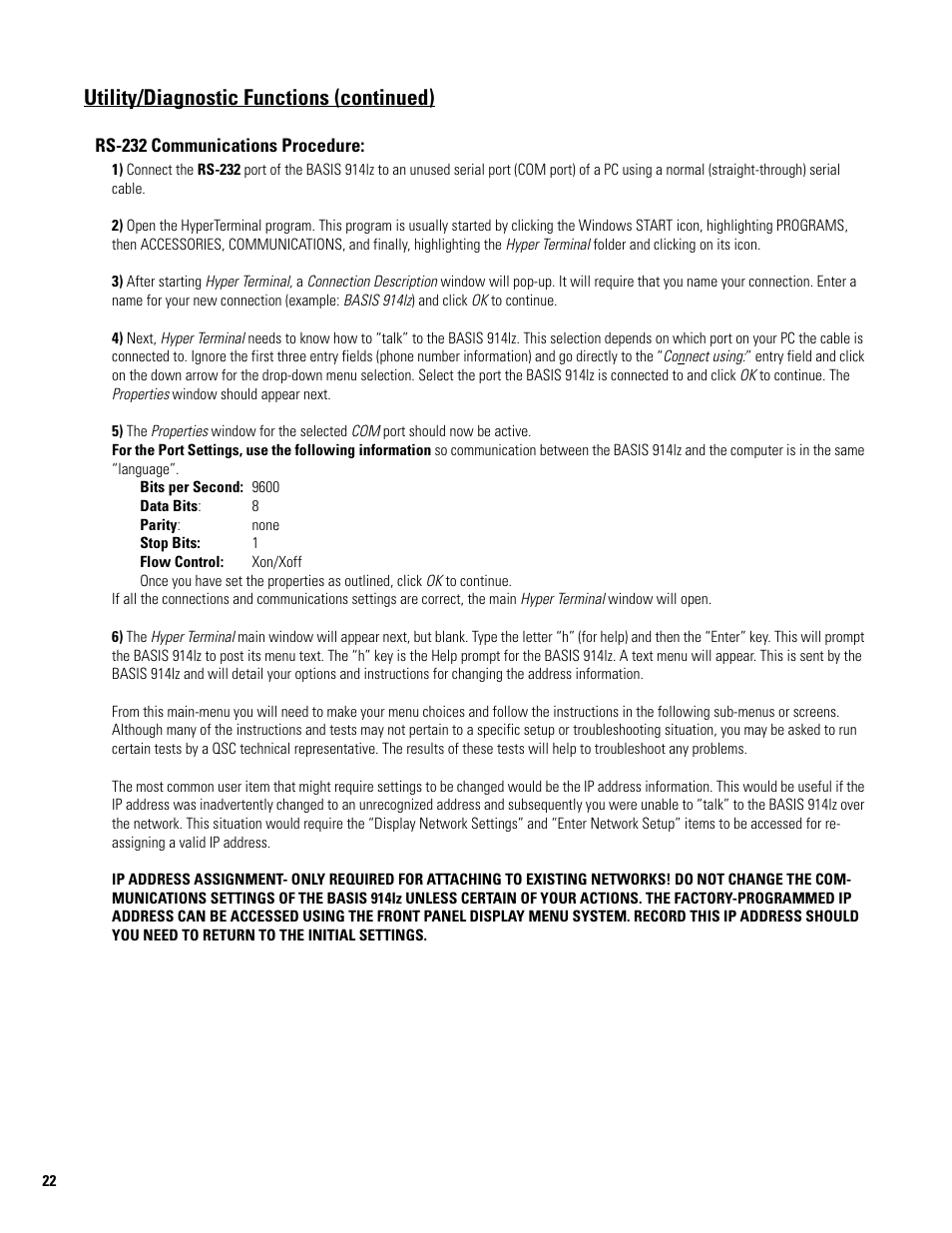 Rs-232 communications procedure, Utility/diagnostic functions (continued) | QSC Audio BASIS 914LZ User Manual | Page 22 / 28