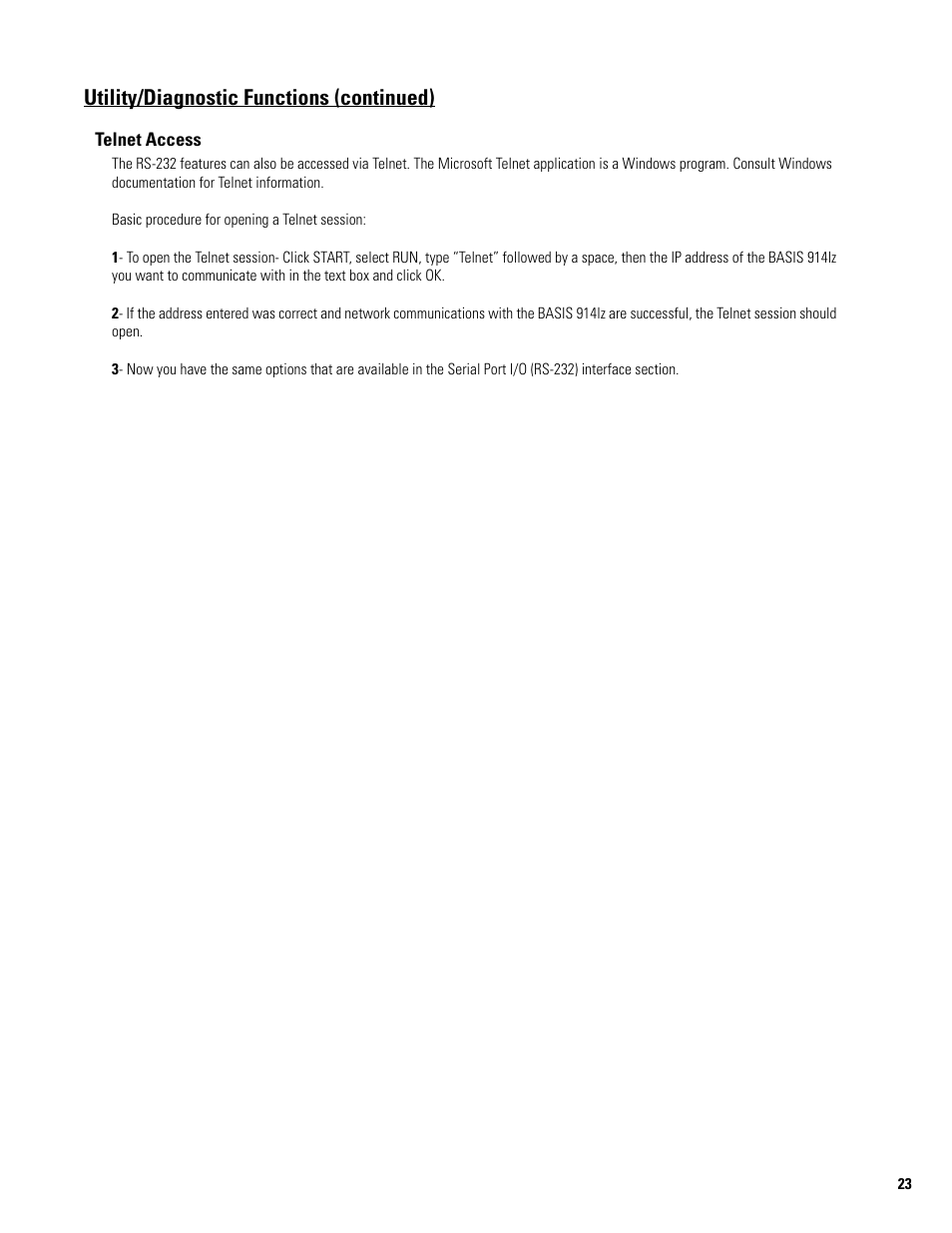 Telnet access, Utility/diagnostic functions (continued) | QSC Audio BASIS 914LZ User Manual | Page 23 / 28