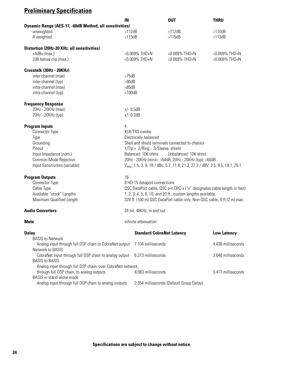 Preli minary specification, Preliminary specification | QSC Audio BASIS 914LZ User Manual | Page 24 / 28