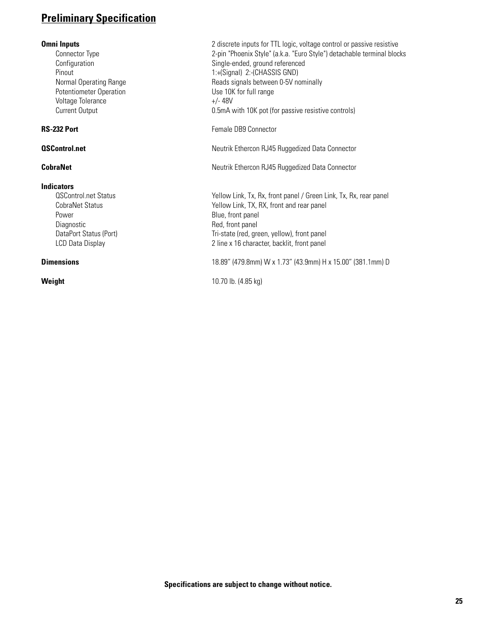 Preli minary specification, Preliminary specification | QSC Audio BASIS 914LZ User Manual | Page 25 / 28