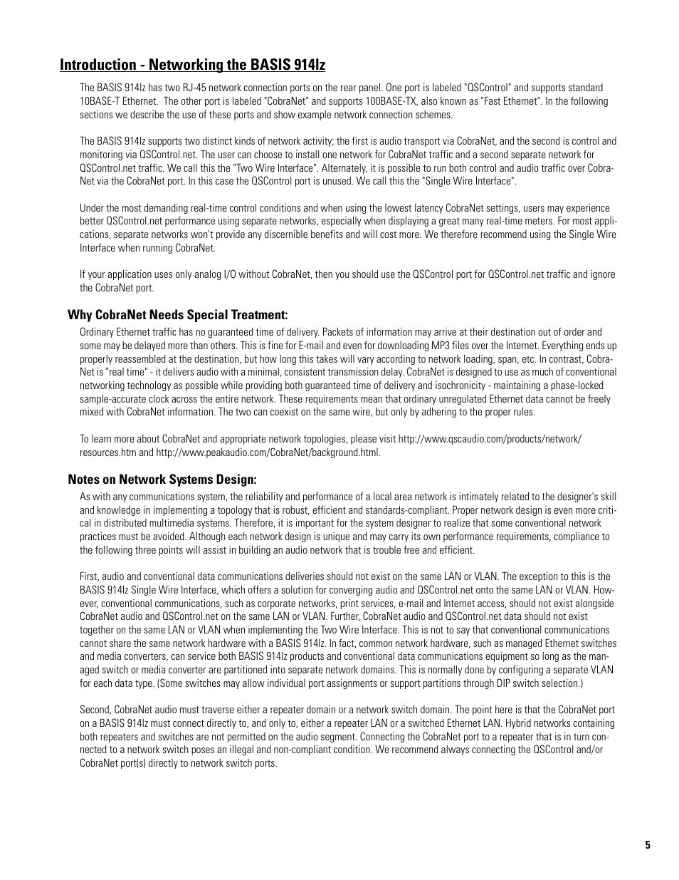 Introduction - networking the basis 914lz, Why cobranet needs special treatment, Notes on network systems design | QSC Audio BASIS 914LZ User Manual | Page 5 / 28