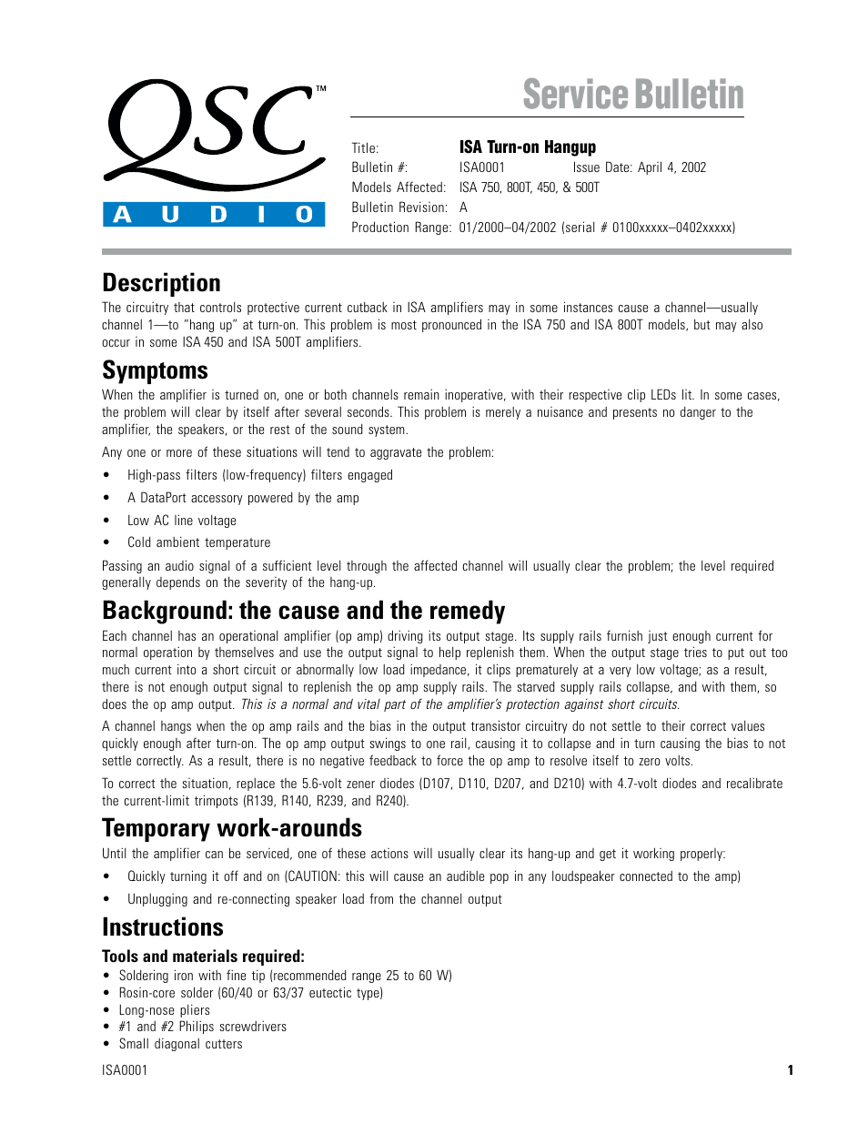 QSC Audio ISA 450 User Manual | 4 pages