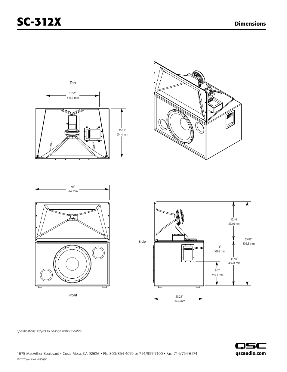 Sc-312x, Dimensions | QSC Audio SC-312X User Manual | Page 2 / 26