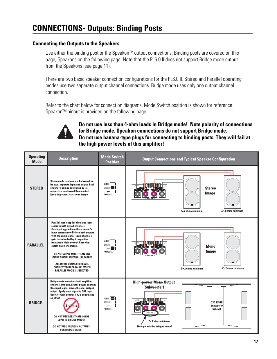 Connections- outputs: binding posts | QSC Audio 6.0 II User Manual | Page 17 / 28