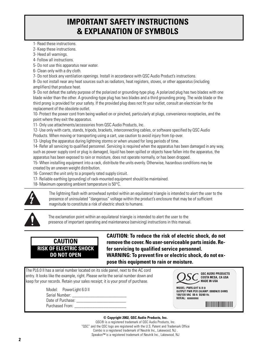 Caution | QSC Audio 6.0 II User Manual | Page 2 / 28