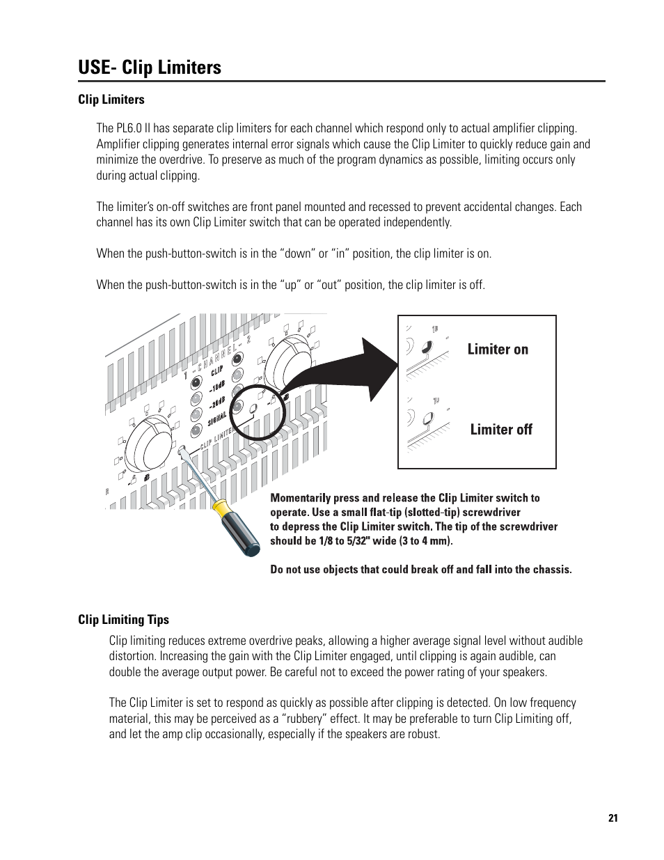 Use- clip limiters | QSC Audio 6.0 II User Manual | Page 21 / 28