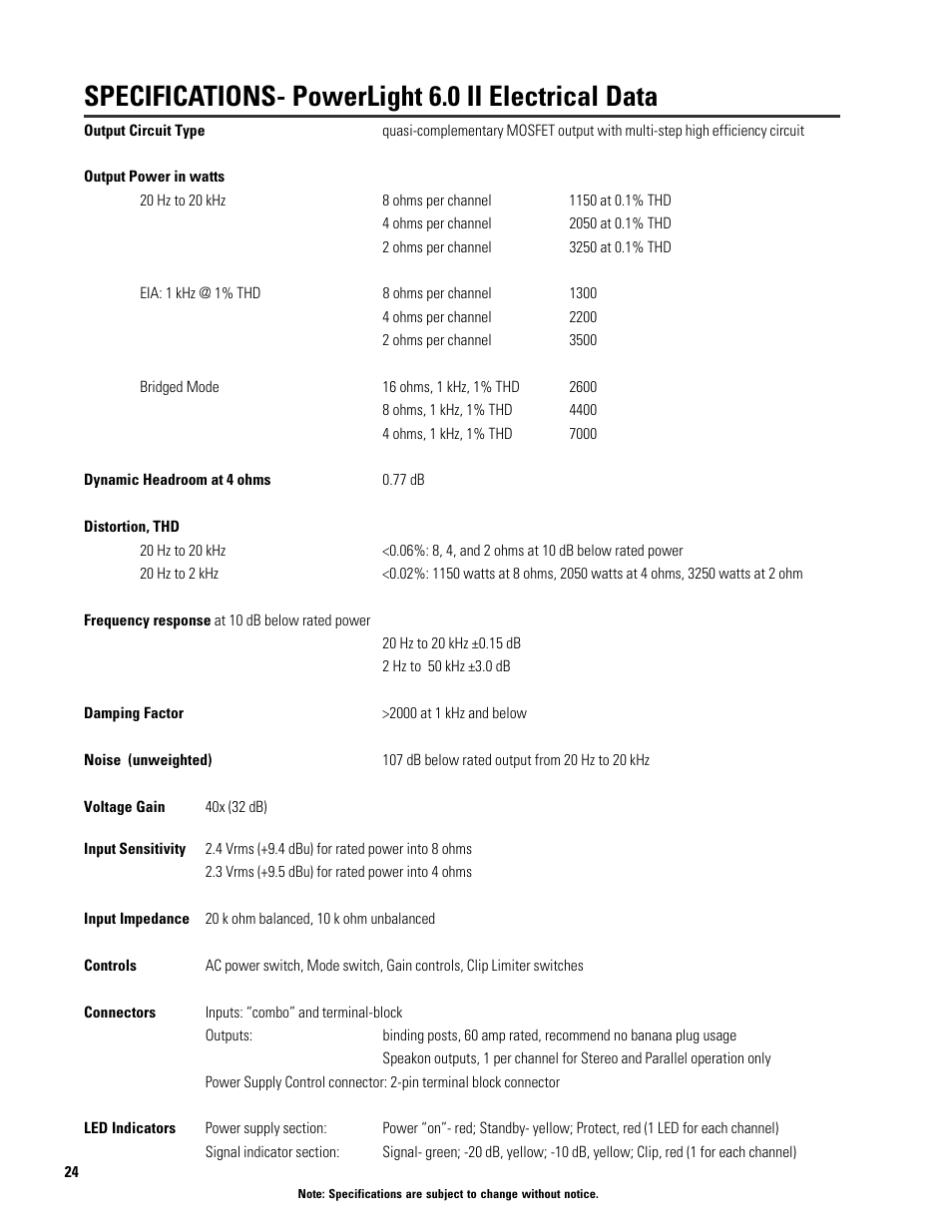 Specifications- powerlight 6.0 ii electrical data | QSC Audio 6.0 II User Manual | Page 24 / 28