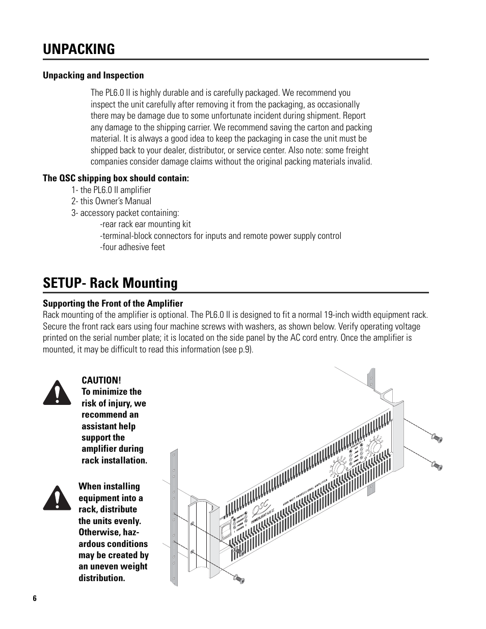 Unpacking, Setup- rack mounting | QSC Audio 6.0 II User Manual | Page 6 / 28