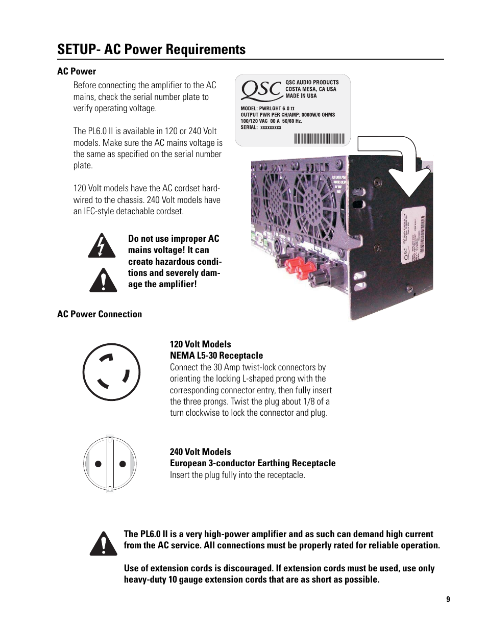 Setup- ac power requirements | QSC Audio 6.0 II User Manual | Page 9 / 28
