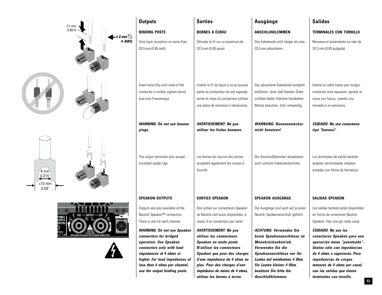Outputs, Sorties, Ausgänge | Salidas | QSC Audio M PL-9.0PFC User Manual | Page 14 / 28