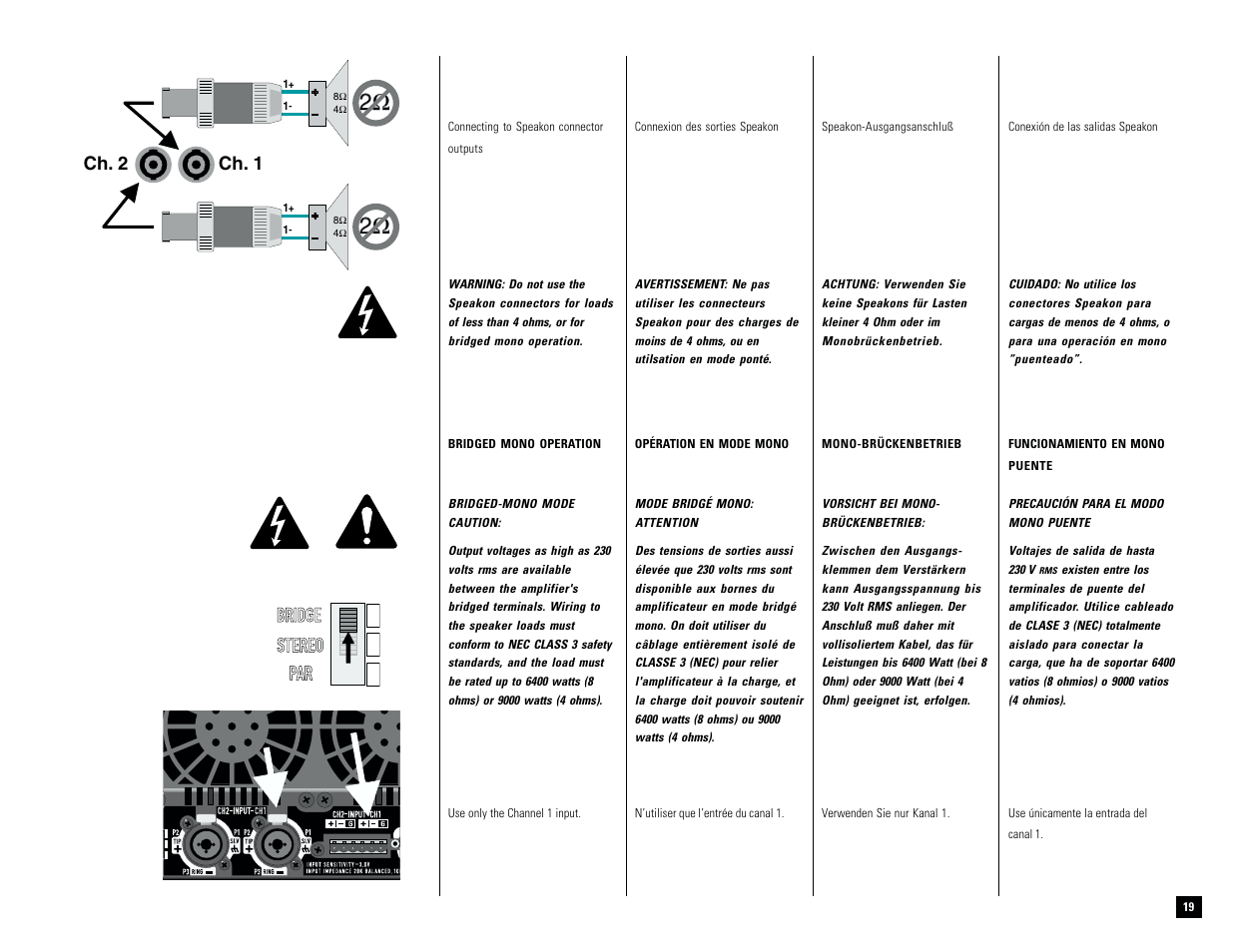 2ω 2 ω 2 ω 2 ω, Stereo par bridge, Ch. 1 ch. 2 | QSC Audio M PL-9.0PFC User Manual | Page 20 / 28