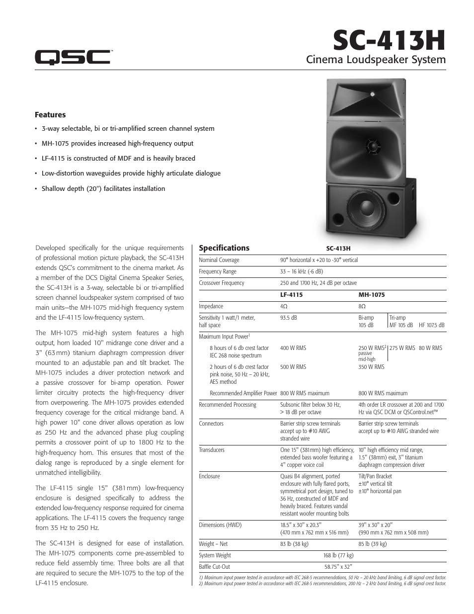 QSC Audio SC-413H User Manual | 2 pages