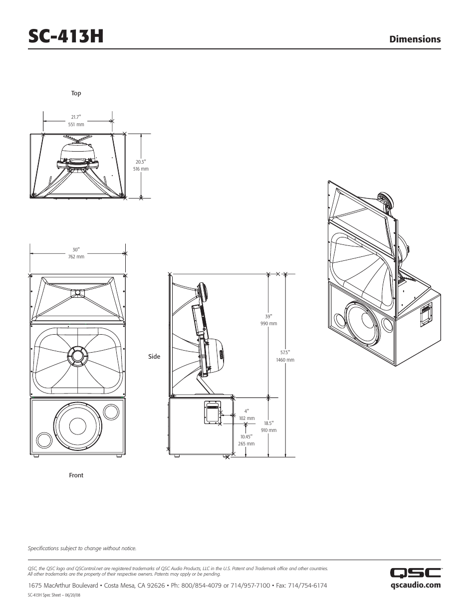 Sc-413h, Dimensions | QSC Audio SC-413H User Manual | Page 2 / 2