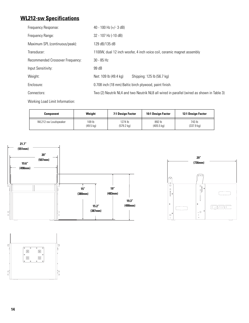 Wl212-sw specifications | QSC Audio WL3082-WH User Manual | Page 14 / 20