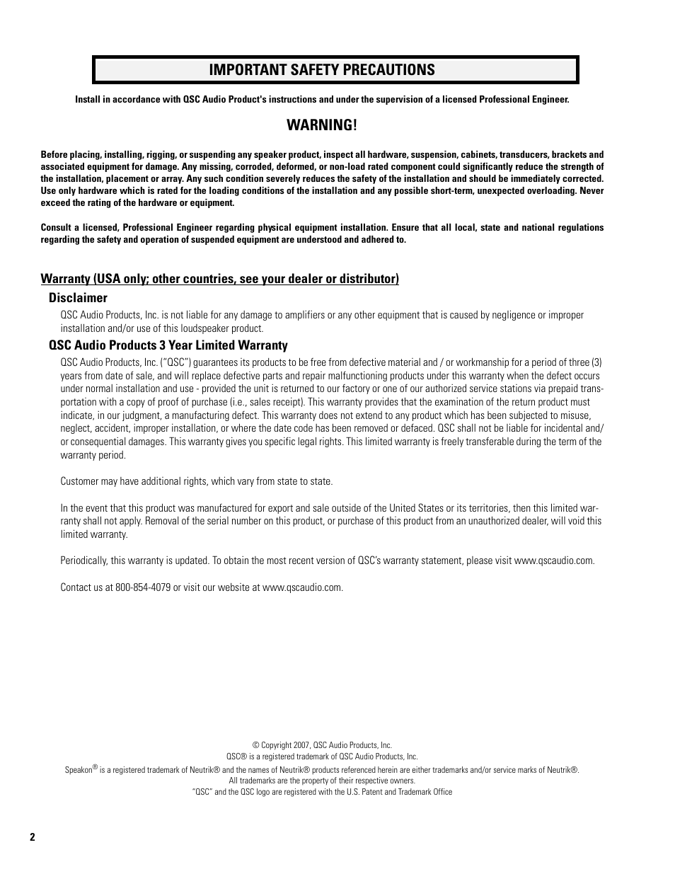 Important safety precautions, Warning | QSC Audio WL3082-WH User Manual | Page 2 / 20