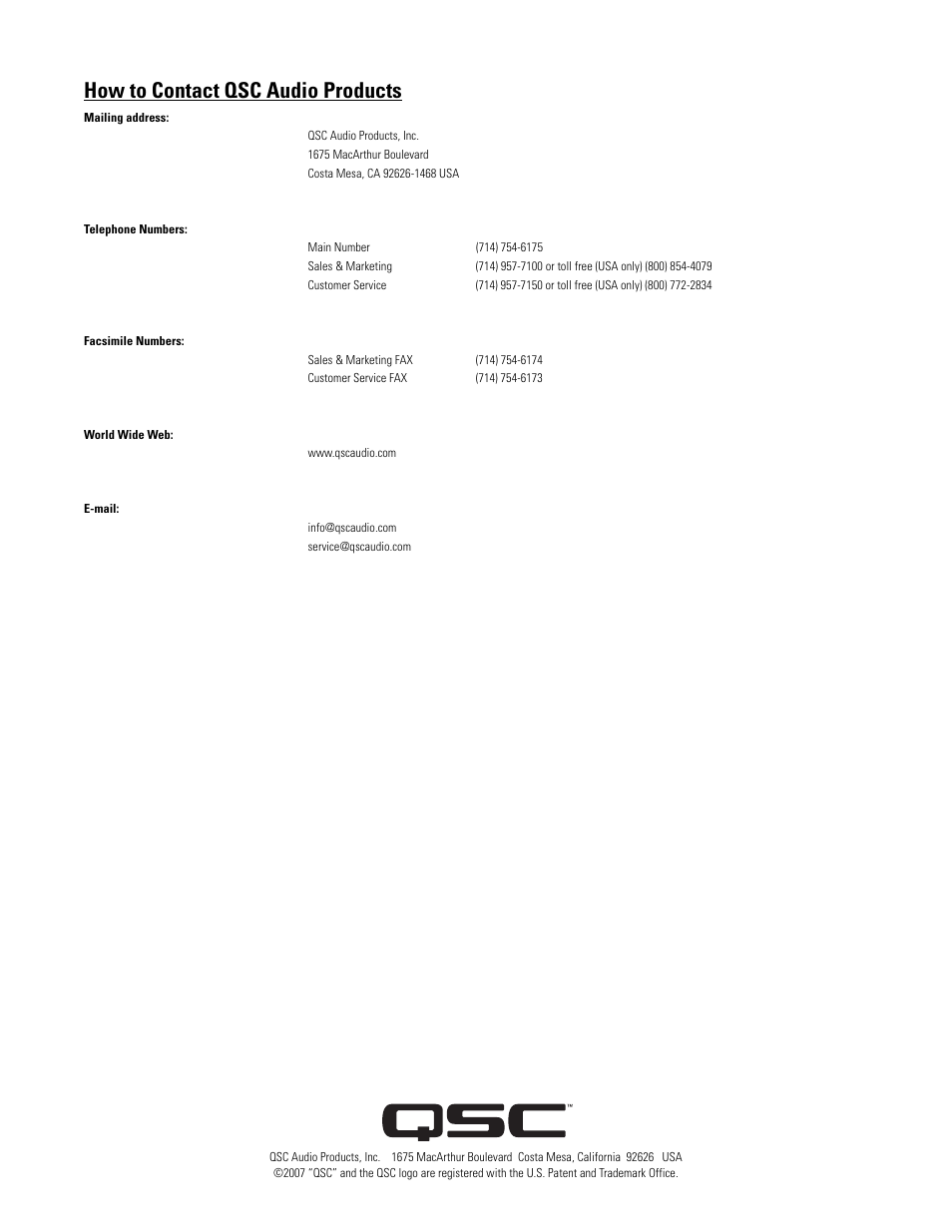 How to contact qsc audio products | QSC Audio WL3082-WH User Manual | Page 20 / 20