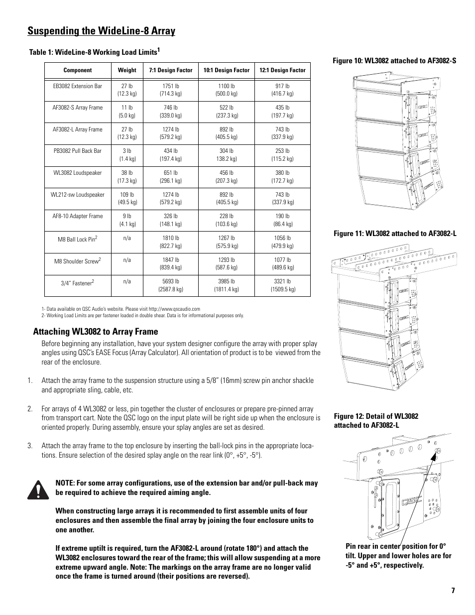 Suspending the wideline-8 array, Attaching wl3082 to array frame | QSC Audio WL3082-WH User Manual | Page 7 / 20