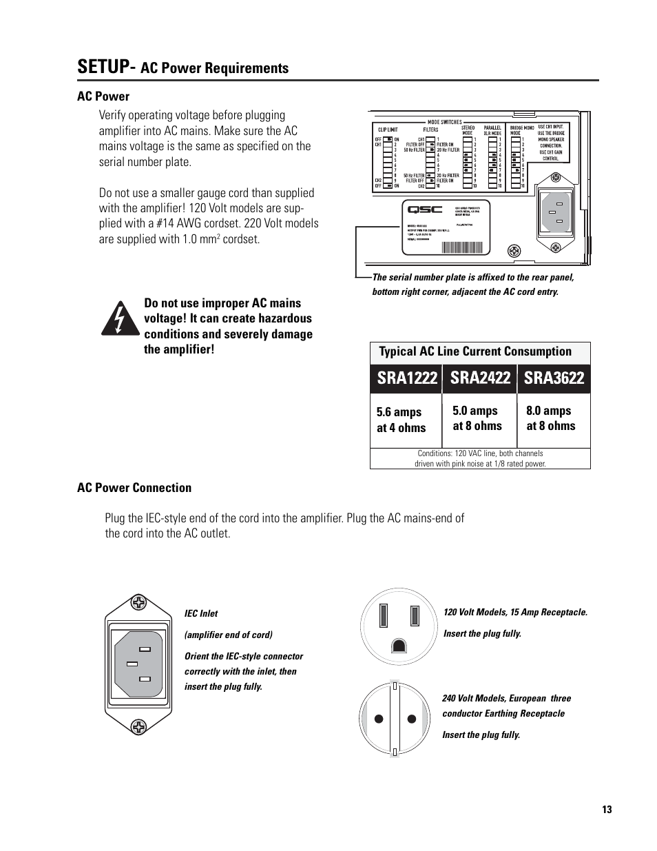 Setup, Ac power requirements | QSC Audio SRA 2422 User Manual | Page 13 / 40