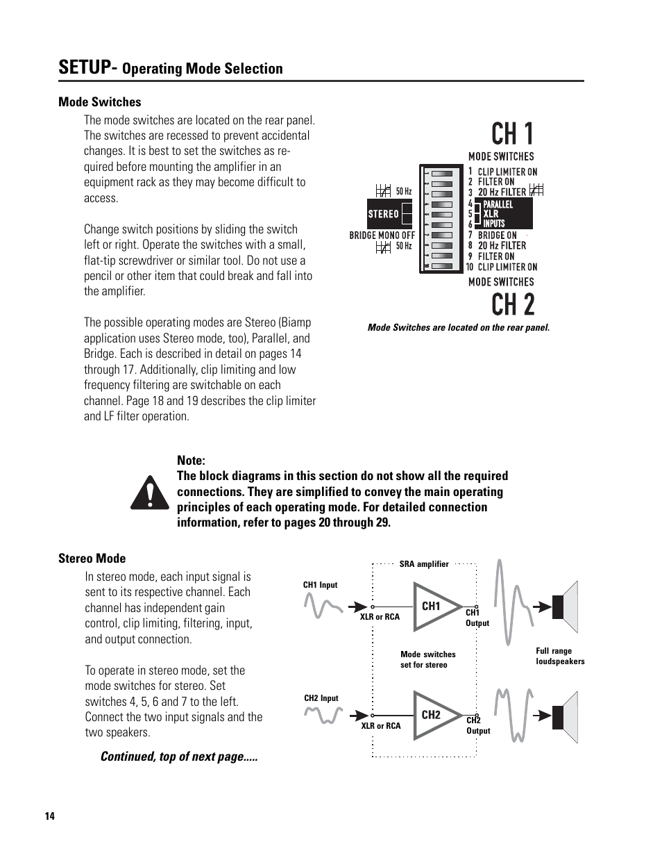 Setup, Operating mode selection | QSC Audio SRA 2422 User Manual | Page 14 / 40